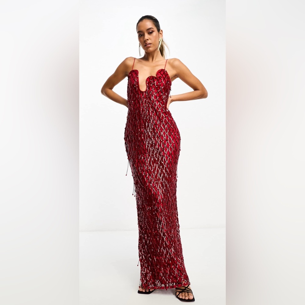 ASOS DESIGN embellished lattice maxi dress with fringing and wave neckline